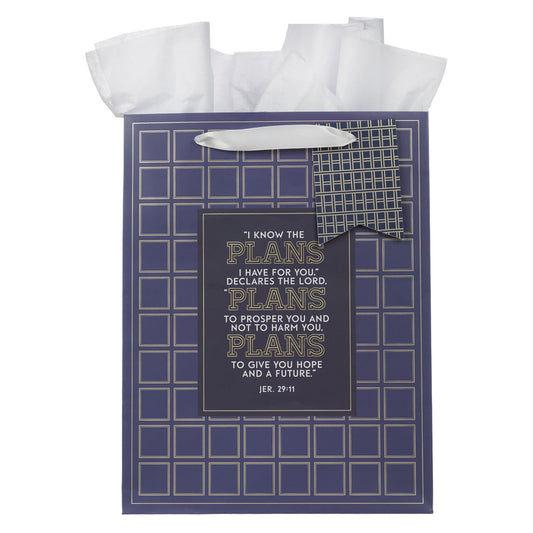 I Know the Plans Grid Navy Portrait Gift Bag with Gift Tag