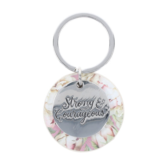 Strong and Courageous Metal and Faux Leather Key Ring