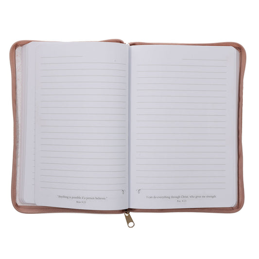 She Is Clothed with Strength and Dignity Beige Faux Leather Journal with Zipped Closure