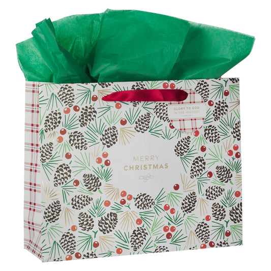 Merry Christmas Landscape Gift Bag with Plaid Gift Tag