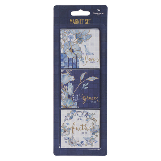 Love Grace Faith Blue Floral Three-Piece Magnetic Set