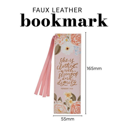 She Is Clothed with Strength and Dignity Pink Faux Leather Bookmark