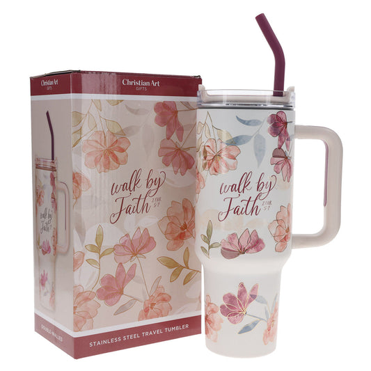 Walk by Faith White Floral Large Stainless Steel Mug with Handle and Straw