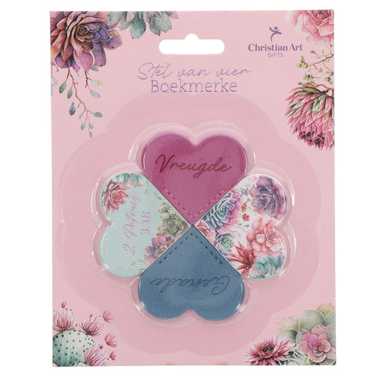 Vreugde en Genade Afrikaans Four-Piece Faux Leather Heart Corner Bookmark Set