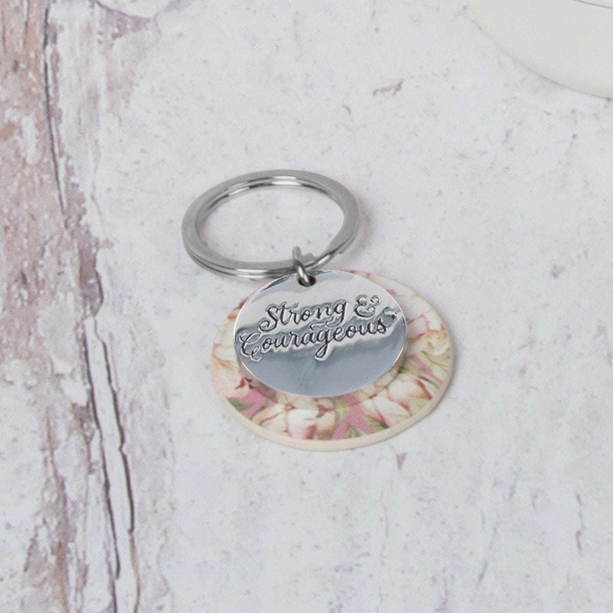 Strong and Courageous Metal and Faux Leather Key Ring