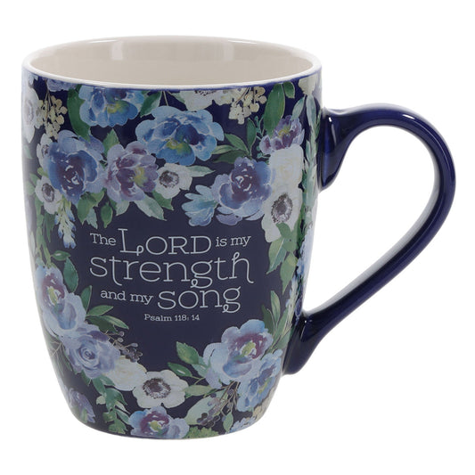 The Lord Is My Strength and My Song Blue Floral Ceramic Mug
