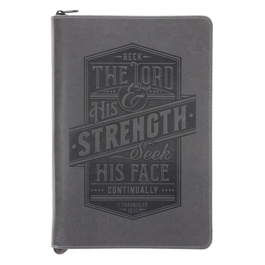 Seek the Lord & His Strength, Seek His Face Grey Faux leather Journal with Zipped Closure