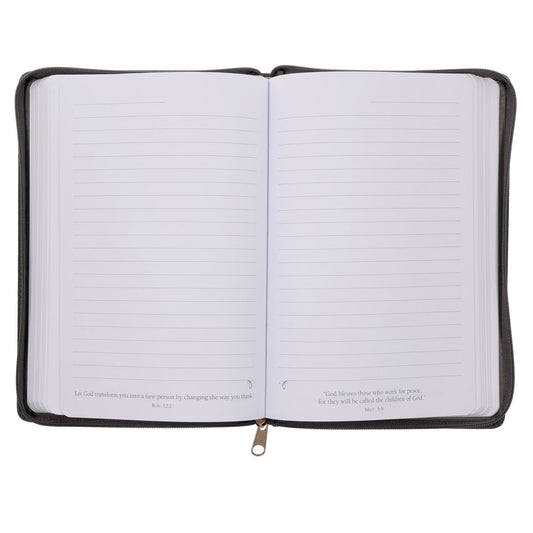 Be Strong in the Lord and in His Mighty Power Grey Lion Faux Leather Journal with Zipped Closure