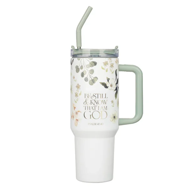 Be Still & Know That I Am God Large Stainless Steel Travel Mug with Handle and Straw - Image 1