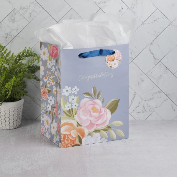 Congratulations Blue Floral Portrait Gift Bag with Gift Tag - Image 2