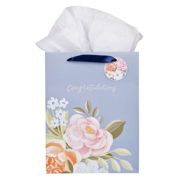 Congratulations Blue Floral Portrait Gift Bag with Gift Tag - Image 1
