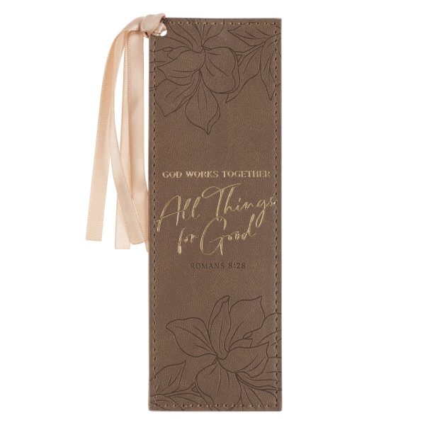 God Works Together All Things For Good Brown Faux Leather Bookmark - Image 1