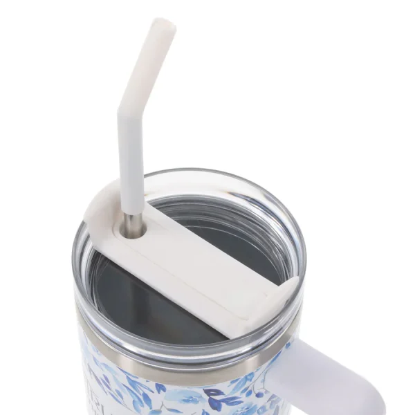 Trust in the Lord White and Blue Floral Large Stainless Steel Mug with Handle and Straw - Image 3
