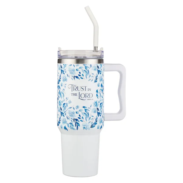 Trust in the Lord White and Blue Floral Large Stainless Steel Mug with Handle and Straw - Image 1