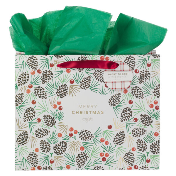 Merry Christmas Landscape Gift Bag with Plaid Gift Tag - Image 1