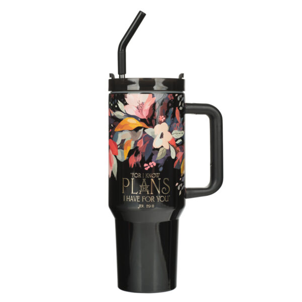 For I Know the Plans Large Stainless Steel Travel Mug with Handle and Straw - Image 3
