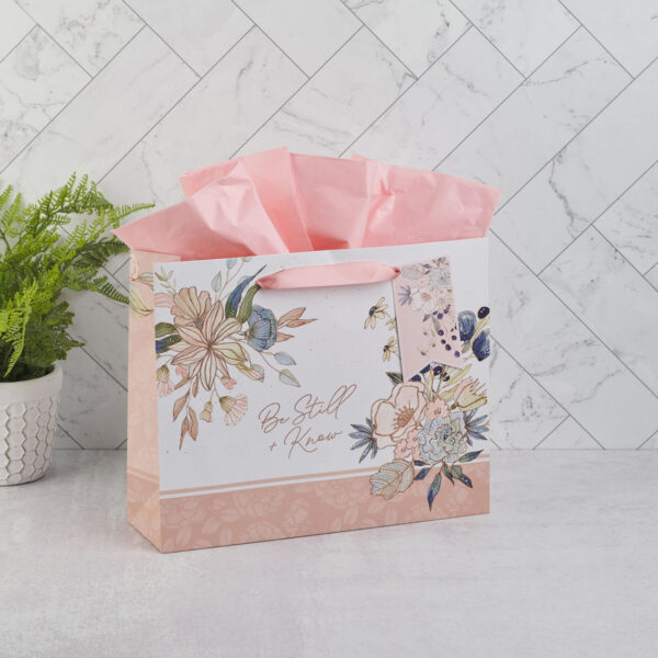 Be Still and Know Pink and Blue Floral Large Landscape Gift Bag with Gift Tag - Image 3