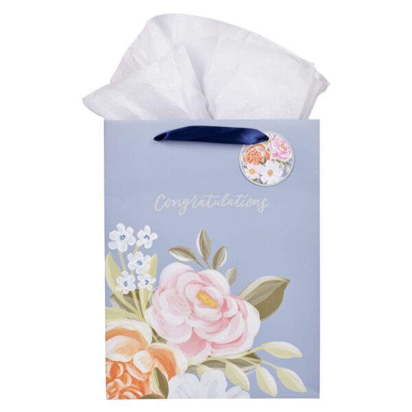 Congratulations Blue Floral Portrait Gift Bag with Gift Tag - Image 7