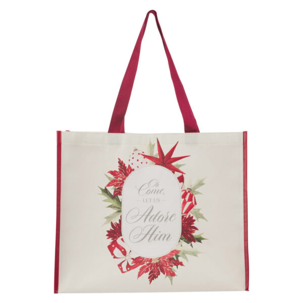 Oh Come, Let Us Adore Him Cream and Red Non-Woven Extra Large Tote Bag - Image 1