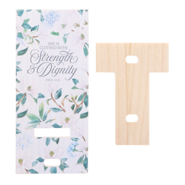 She Is Clothed with Strength and Dignity Wooden Phone Stand - Image 3