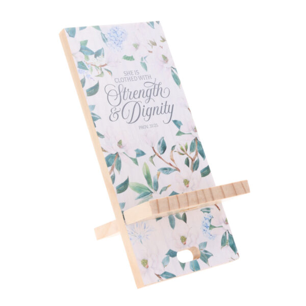 She Is Clothed with Strength and Dignity Wooden Phone Stand - Image 1