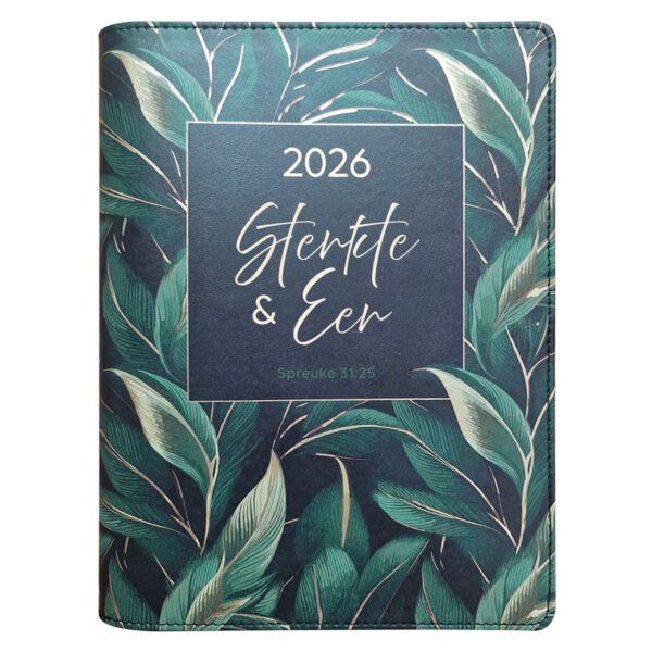 2026 18-Maande Dagbeplanner vir Vroue - Sterkte en Eer - Kunsleer met Rits - Image 1