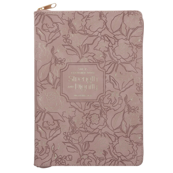 She Is Clothed with Strength and Dignity Beige Faux Leather Journal with Zipped Closure - Image 1