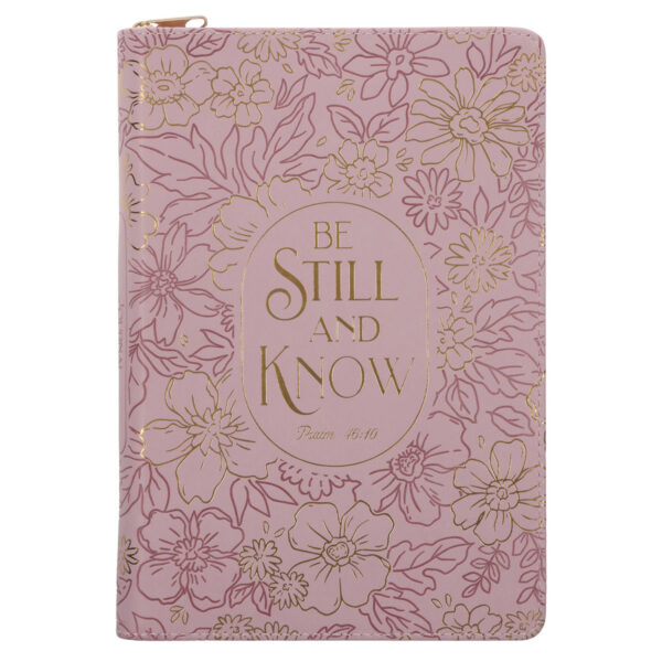 Be Still and Know Floral Pink Faux Leather Journal with Zipped Closure - Image 1
